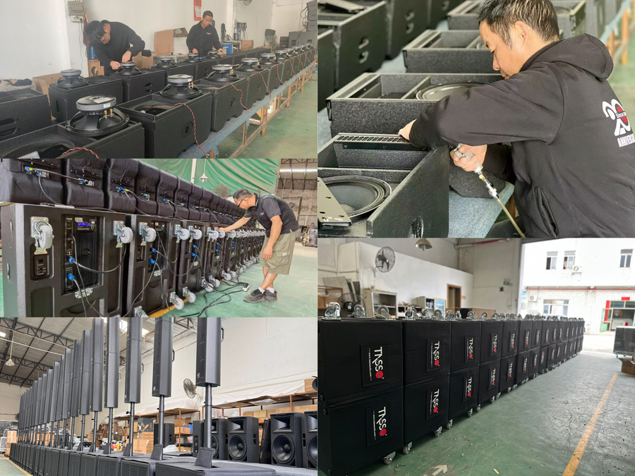 TASSO production floor: drivers being fitted to cabinets, amplifier racks under test, and finished line array boxes in the warehouse